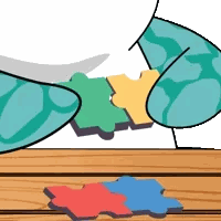 Animated character fitting puzzle pieces together